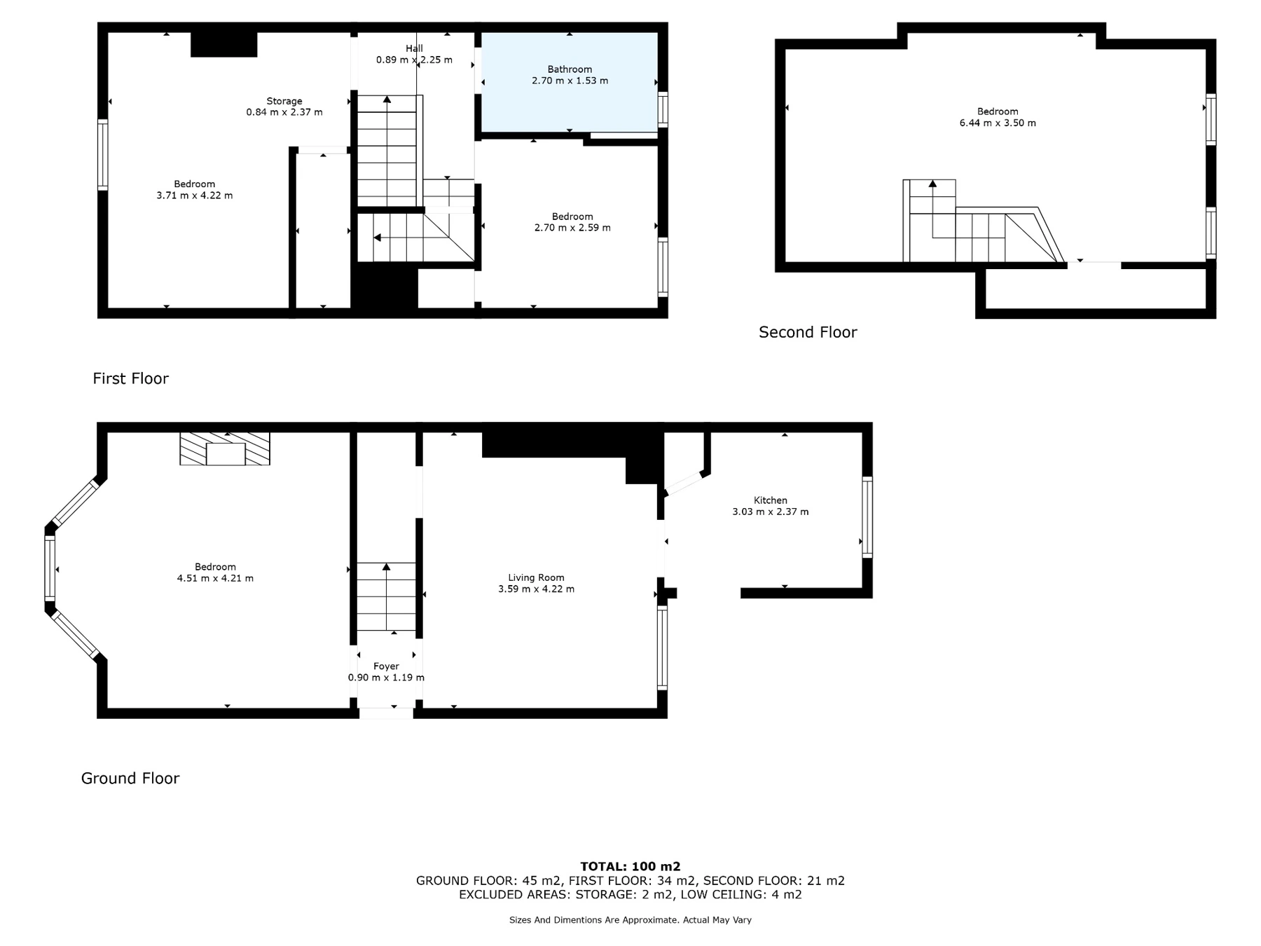Example of a dimensioned floor plan across three floors